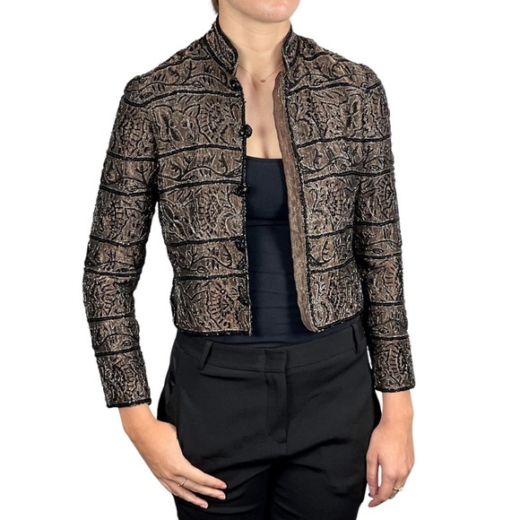 ADRIANNA PAPELL VINTAGE BROWN TAFFETA BEAD EMBELLISHED EVENING HOLIDAY JACKE - Picture 1 of 15